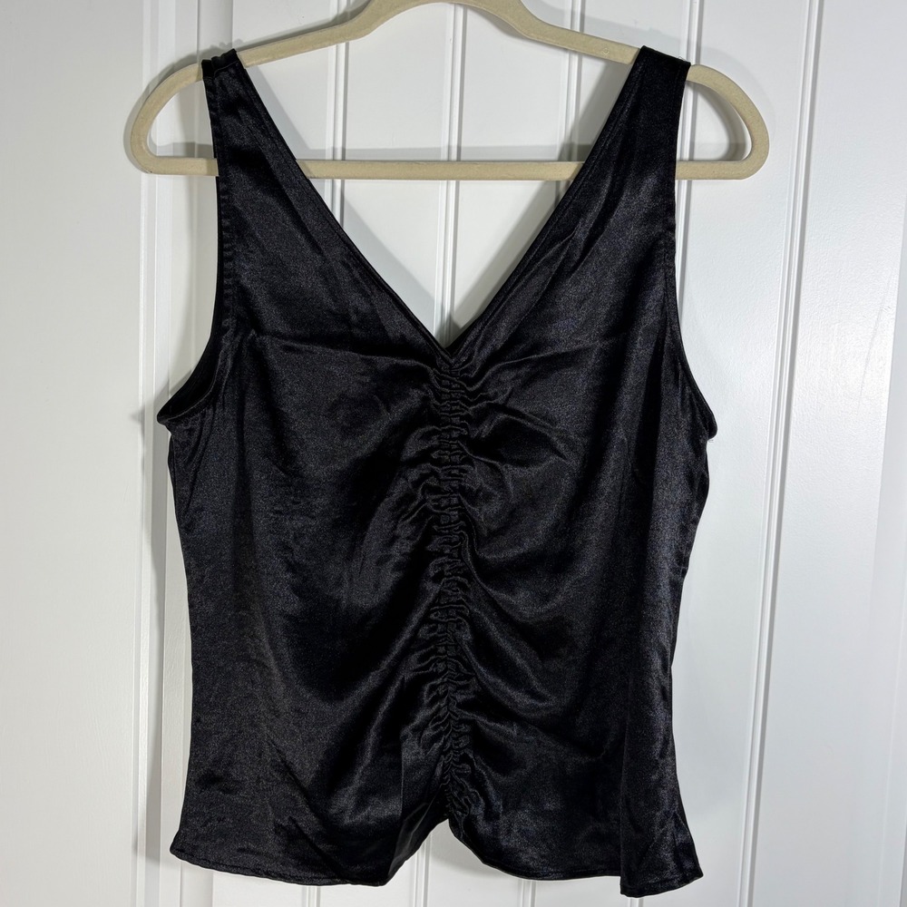 H&M Black Satin Ruched Front V-Neck Tank Top Sleeveless Blouse Size M